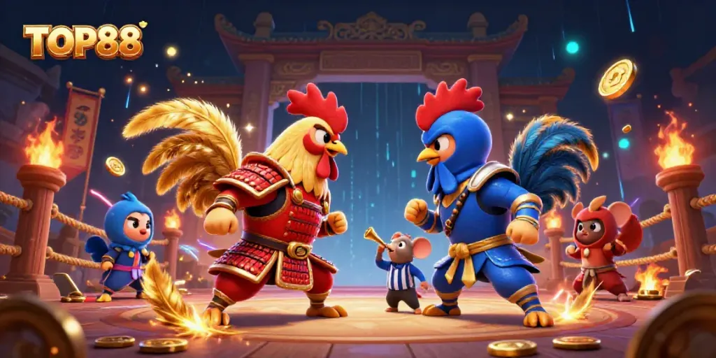 Engage in thrilling matches with TOP88 fighting roosters in a vibrant, dynamic arena setting.