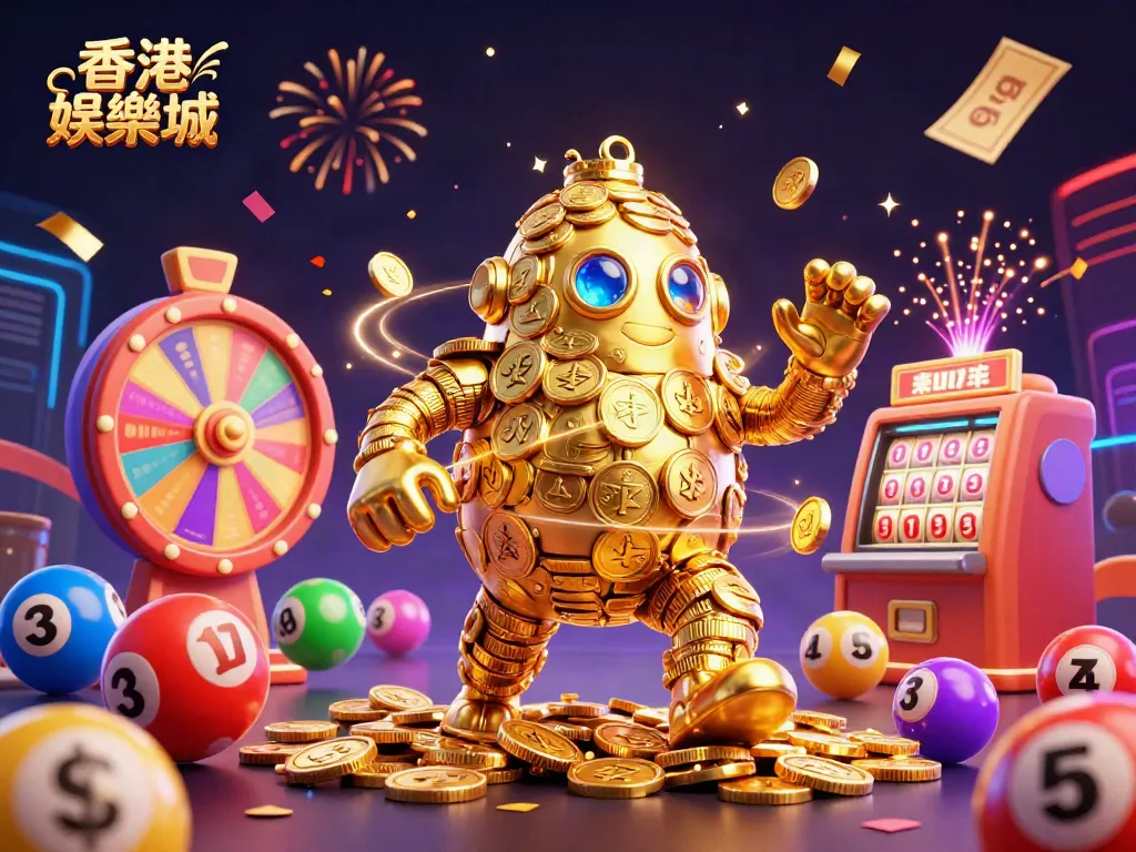 Experience the excitement of 香港娛樂城 with dynamic lottery elements and golden golems in an engaging 3D illustration.