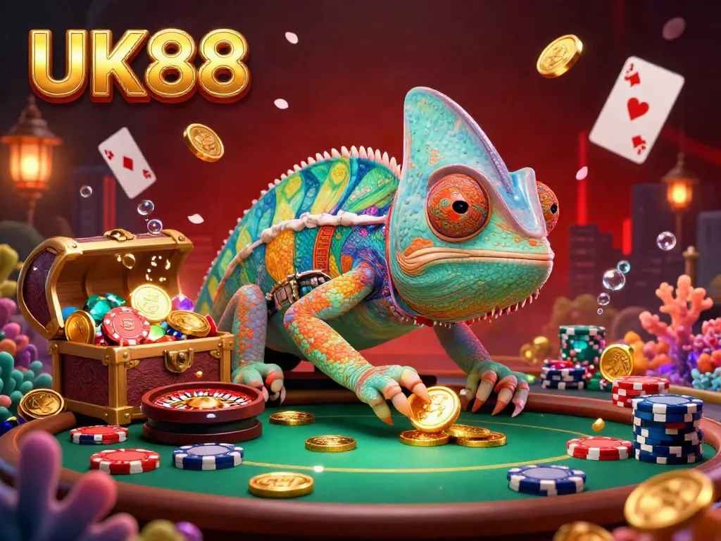 Engage in thrilling gameplay at UK88 with an enchanting chameleon casino owner and lively gaming elements.
