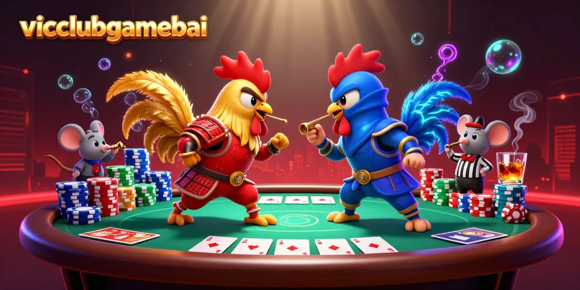 Exciting scene featuring twin roosters in samurai and ninja gear facing off with poker elements, celebrating vicclubgamebai.