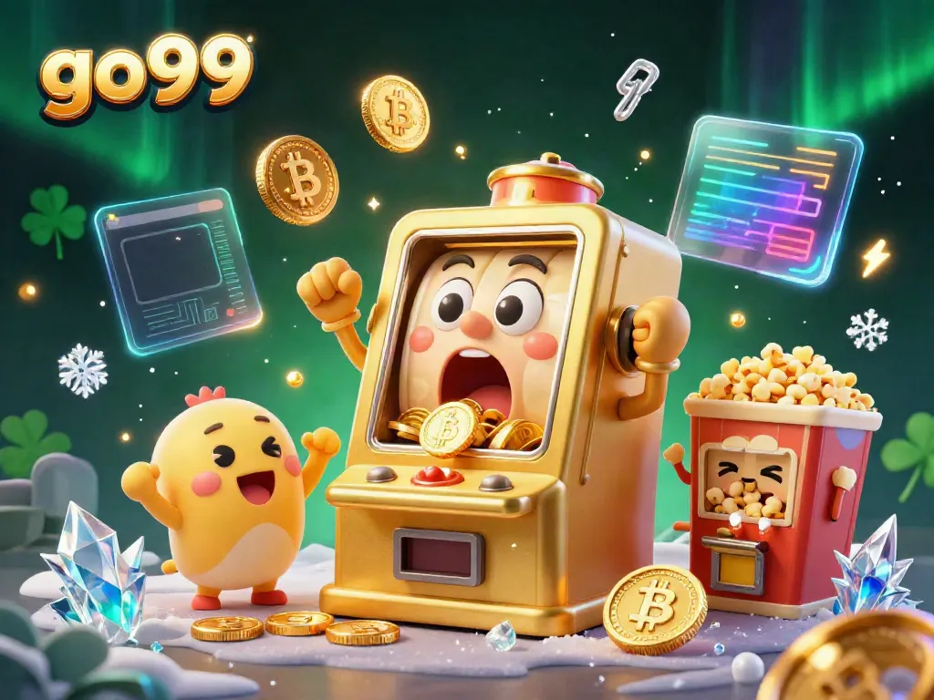 Experience the thrill of go99 with the golden slot machine hitting jackpots amidst crypto coins and vibrant celebrations.