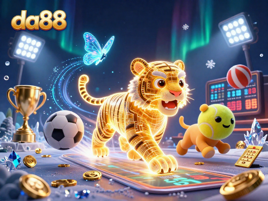da88 showcases a dynamic casino scene with a neon tiger and vibrant sports elements.