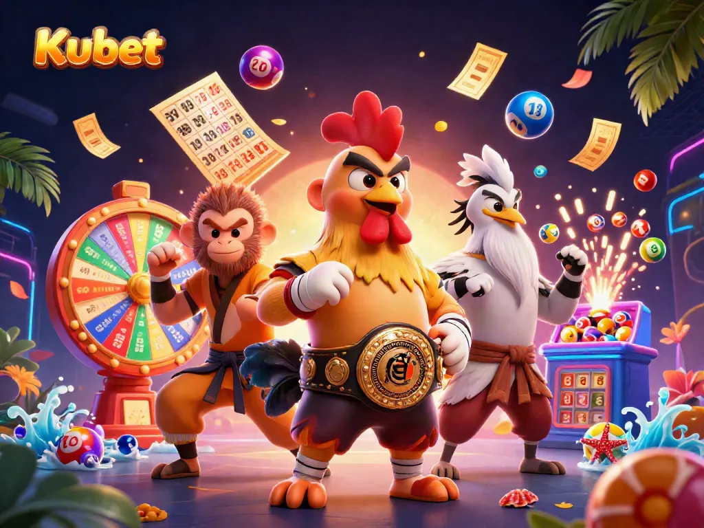 Kubet showcases exciting gameplay with a fierce rooster, a martial artist monkey, and a wise crane enveloped in vibrant casino elements.