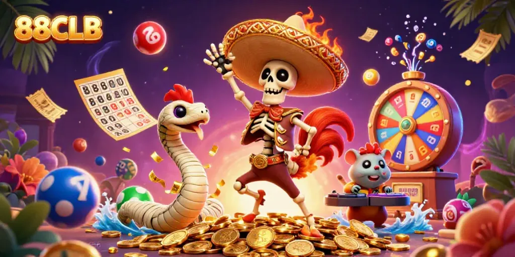 88CLB showcases a festive casino scene with vibrant characters celebrating a jackpot.