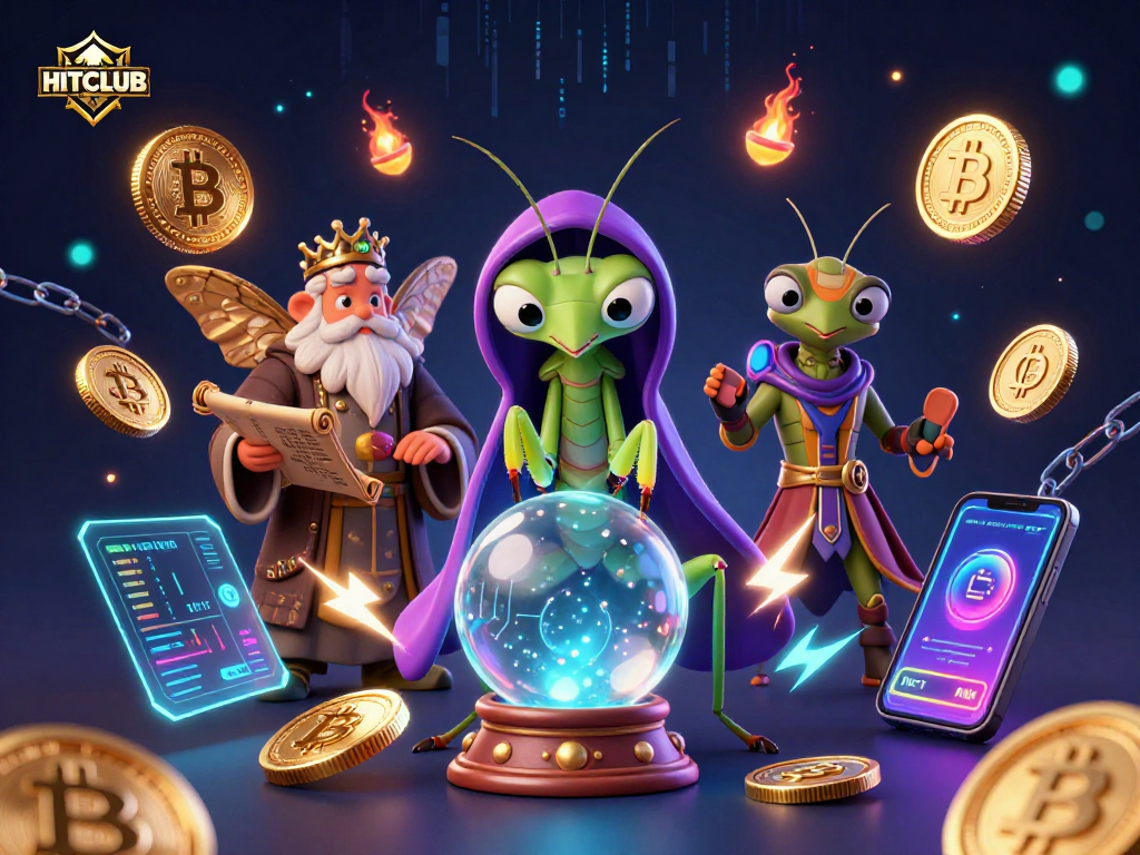 Win big at HITCLUB with a stunning 3D casino illustration showcasing fortune tellers and crypto themes.
