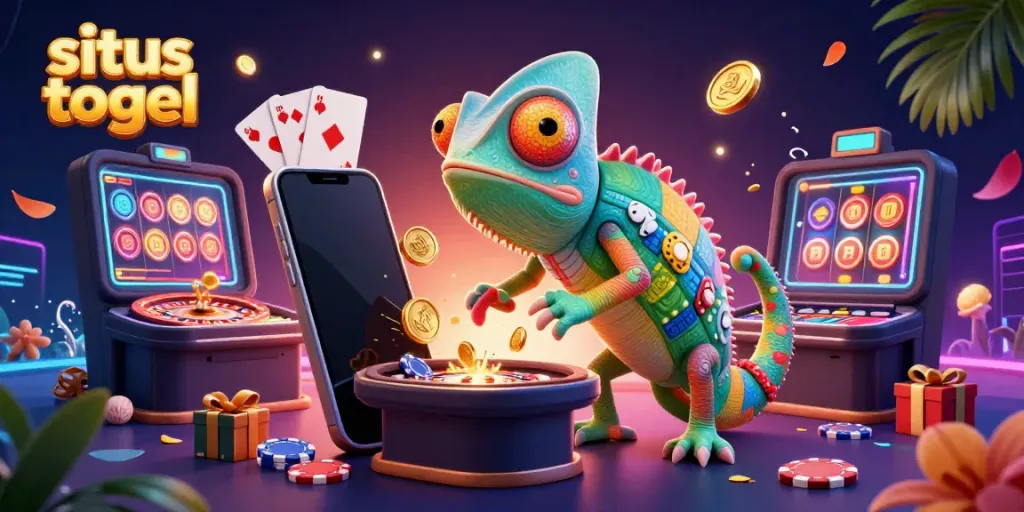 Experience excitement at situs togel with a chameleon casino owner and vibrant gaming elements.
