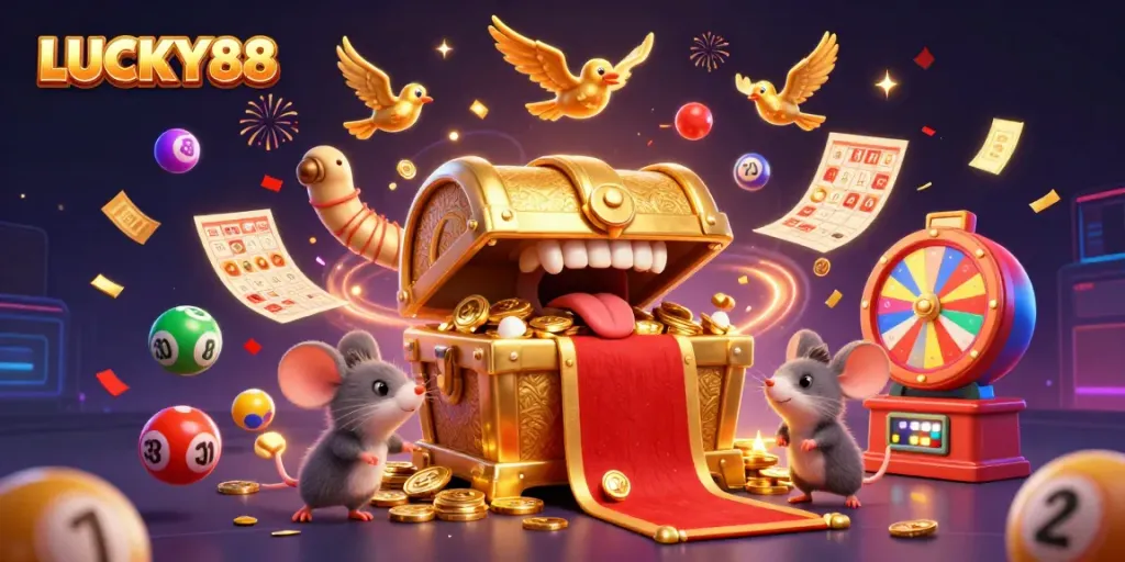 Experience the excitement of LUCKY88 with an engaging 3D illustration full of treasure and games.