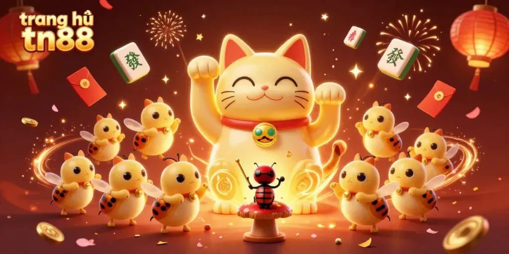 Experience the excitement at trang chủ tn88 with a vibrant celebration scene decorated with casino symbols.
