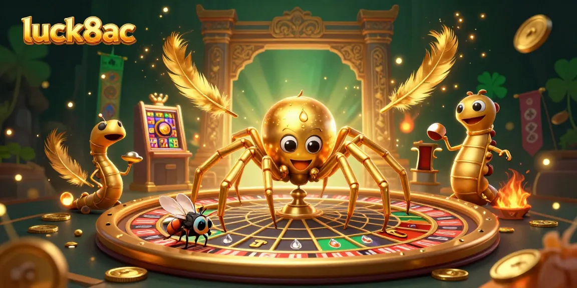 Engage in thrilling bets at luck8ac with a golden spider, roulette, and coin scattered environment.