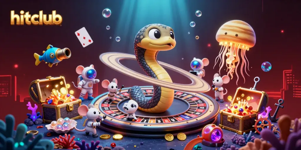 Betting at hitclub: Cartoon characters enjoy a colorful casino scene with glowing elements and fun graphics.