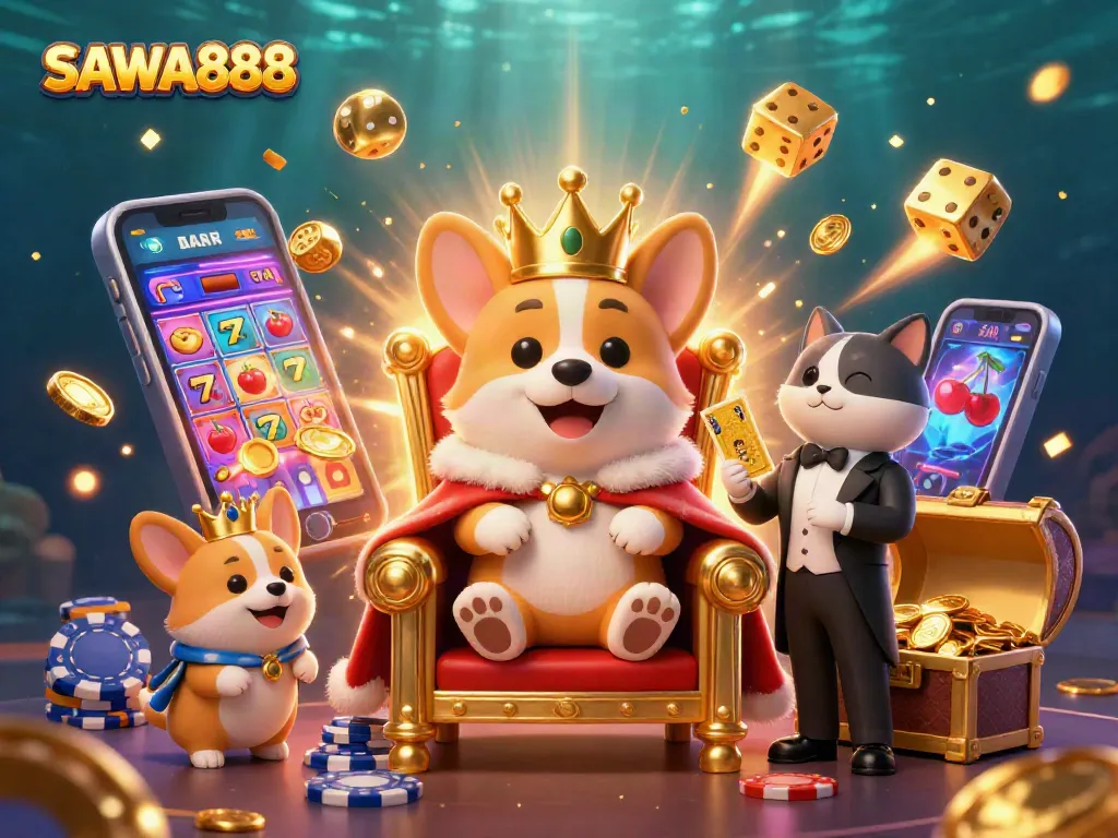 SAWA888 showcases an exciting jackpot scene with royal corgi and festive casino elements.