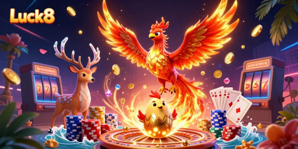 Engage with Luck8's vibrant casino action featuring cascading golden coins and a phoenix rising.