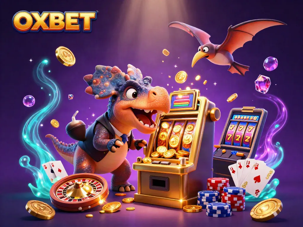 OXBET showcases a pachycephalosaurus hitting a slot machine and gold coins flying, depicting casino excitement.