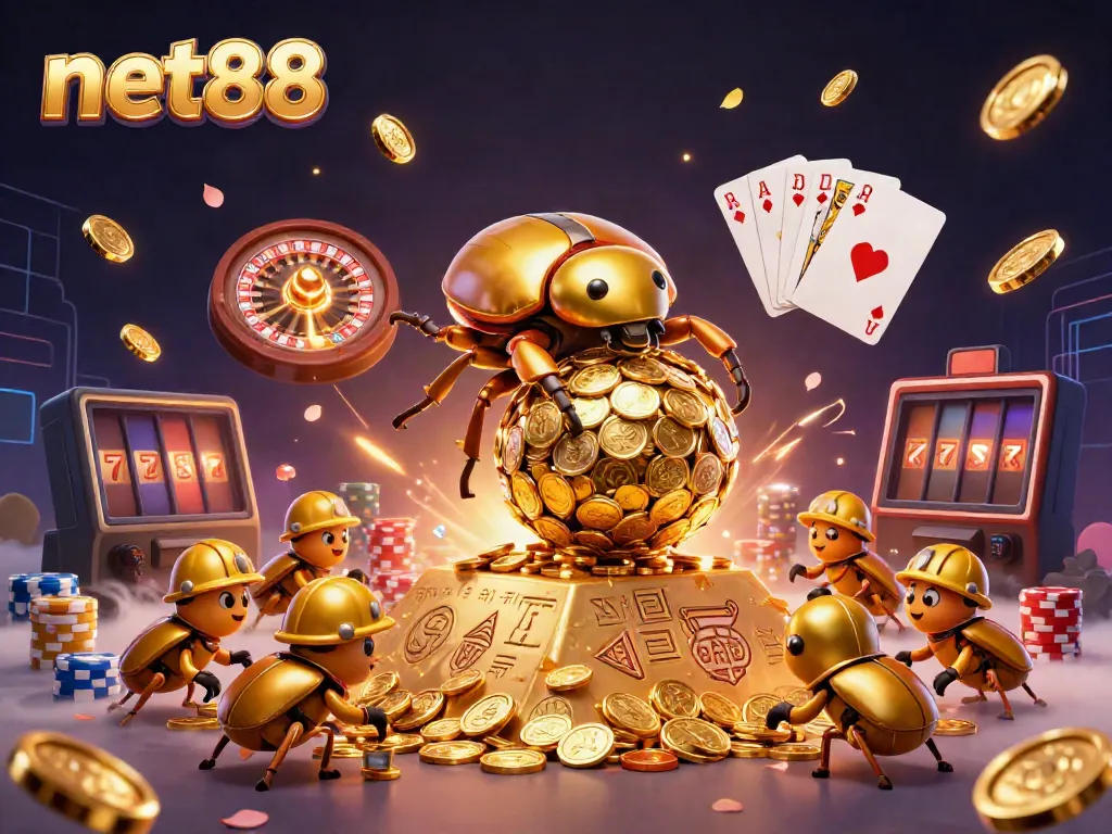 Sparkling coins and casino-themed elements surround a golden beetle symbolizing net88's betting excitement.
