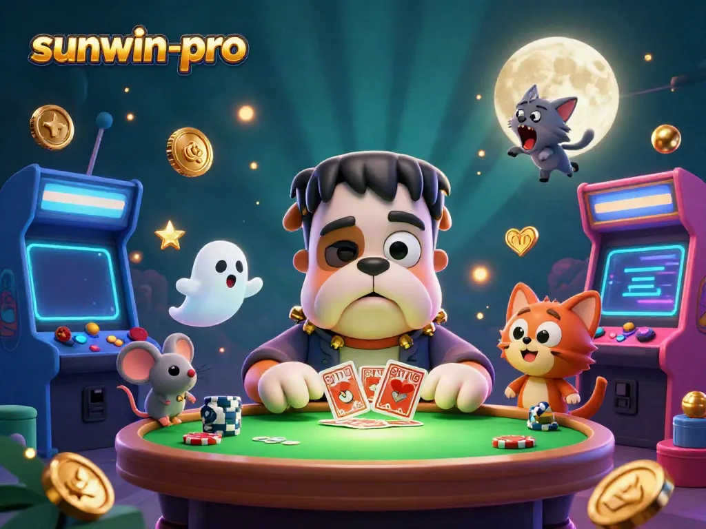 Experience high-stakes action at sunwin-pro, featuring a quirky 3D scene with characters in a casino setting.