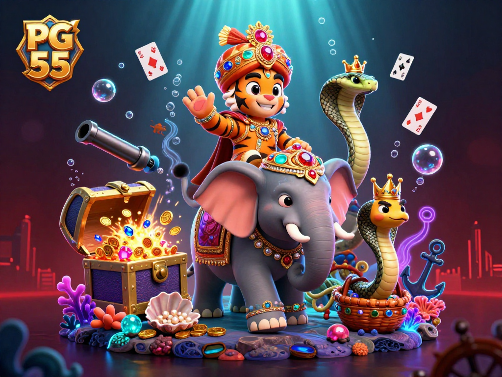 Experience thrilling gameplay with PG 55's dynamic casino scene featuring a Maharaja tiger, elephant, and vibrant treasures.