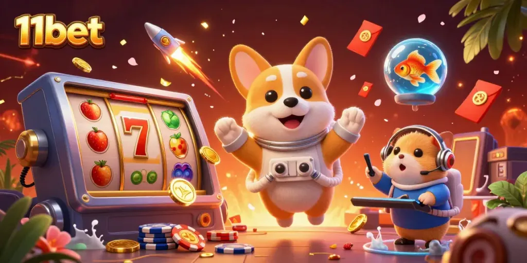 Experience thrilling games with 11bet in a vibrant casino scene featuring playful characters and dynamic elements.