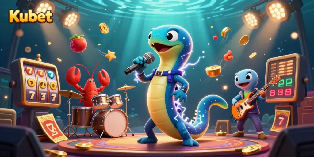 Kubet electric eel DJ performing with casino elements in a vibrant underwater stage