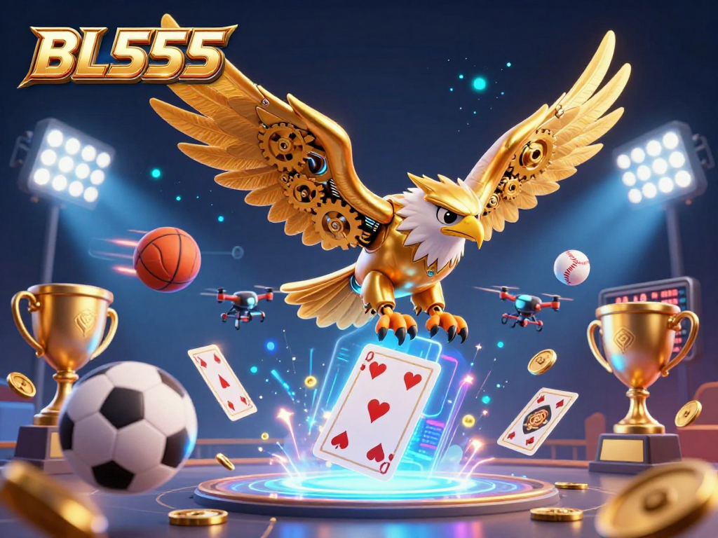Experience the excitement at bl555 with dynamic 3D visuals of a golden eagle soaring through a world of holographic cards and sports elements.