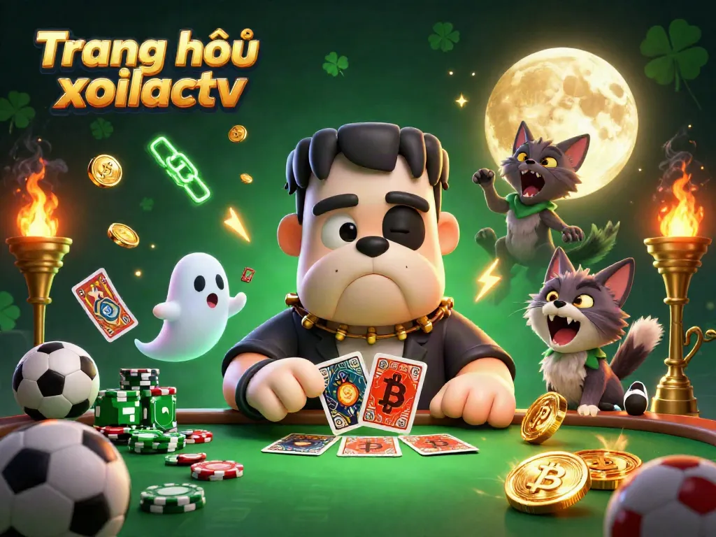 Join the fun at Trang chủ xoilactv as a Frankenstein bulldog deals cards amidst vibrant sports betting visuals.