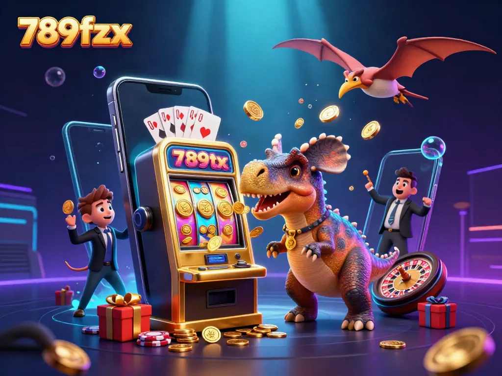 Experience the thrill of winning at 789fzx with a dynamic scene of a dinosaur and a casino manager surrounded by gaming elements.