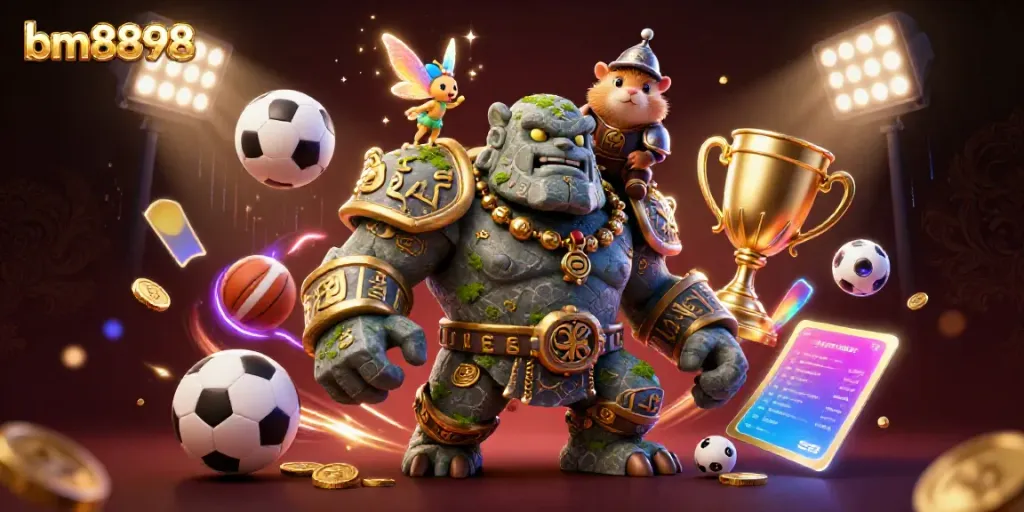 Experience the thrill of bm8898 with 3D characters in a dynamic casino scene showcasing sports betting excitement.