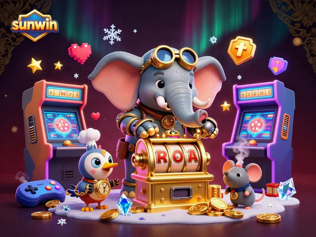 Join the fun at sunwin with a vibrant casino scene featuring steampunk characters and dynamic gaming elements.